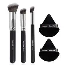 Kit Maquiagem MAANGE 03 pincéis + 2 Puffs Aveludados - Base Contorno Pó