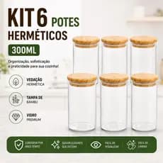 Kit Potes de Vidro Hermético Tampa Bambu 300ml 450ml Organizador Cozinha Mantimentos