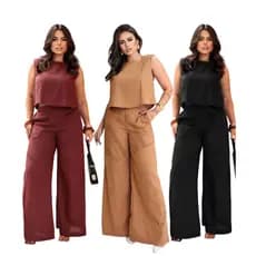 Conjunto Feminino Roupa Social Alfaiataria Confeccionados em Tecido Linho Calça Pantalona e Blusa
