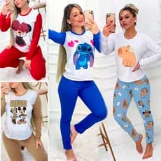 Pijama Feminino Malha Suede Manga Longa Luxo Inverno Personagens