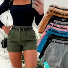 Short Feminino Alfaiataria Social com Cinto Cintura Alta