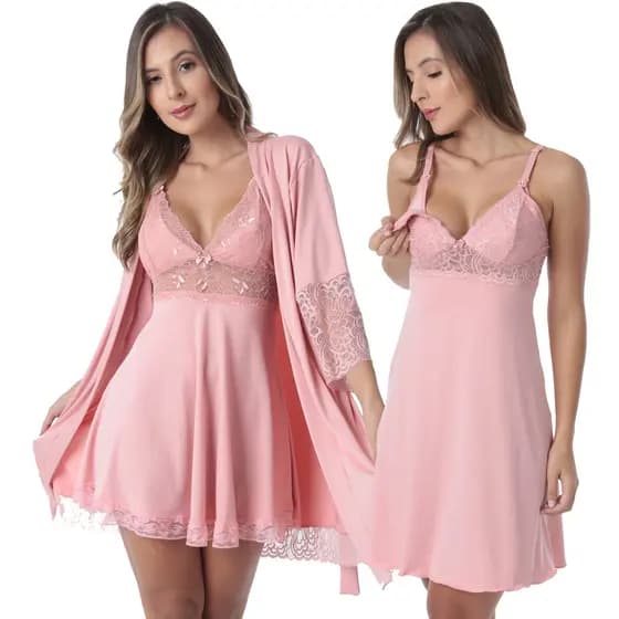 Kit Pós parto de Robe Medusa e Camisola de amamentação sem Bojo de Microfibra e Renda