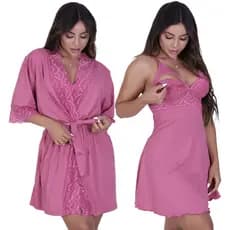 Kit Pós parto de Robe e Camisola Sofia sem Bojo de Microfibra Light de amamentação Feminino