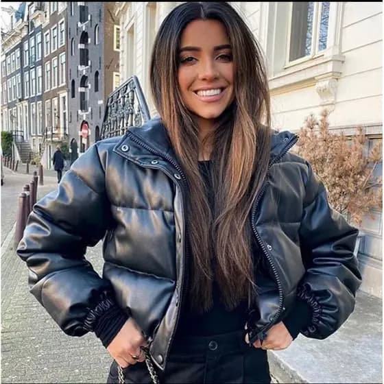 Jaqueta Bomber Puffer Feminina Forrada Couro com Capuz