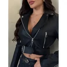 Jaqueta de Couro Feminina Slim com Fivela e Ziper