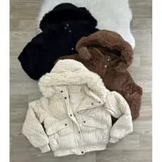 Jaqueta Puffer Cotelê Feminina Bolso Cargo com Detalhes em Pompons e Zíper Capuz Removivel