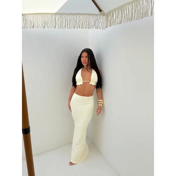 Conjunto feminino saia midi e top curtininha poliamida moda feminina biquíni blogueira praia