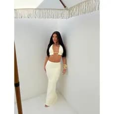Conjunto feminino saia midi e top curtininha poliamida moda feminina biquíni blogueira praia
