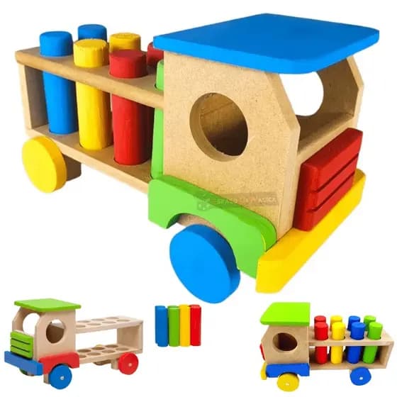 Caminhão Educativo Pinos De Encaixe Colorido Madeira Montessori Caminhão De Madeira