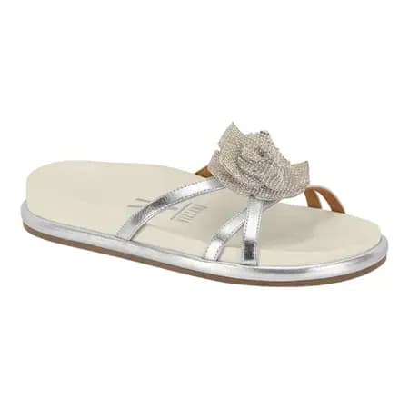Rasteira Birken Prata Papete feminina Prata Com Flor Em Strass Rasteira Prata Brilho Vizzano