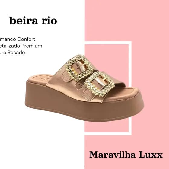 Tamanco Confort Metalizada Premium Ouro Rosado com Fivelas Dourada Tamanco Preto Beira Rio