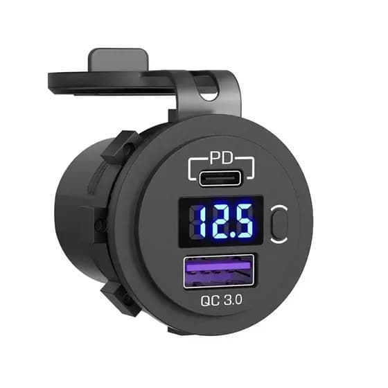 USB C tomada carregador de carro voltímetro LED e desligar, porta USB dupla, PD3.0, QC3.0, 12V, 24V