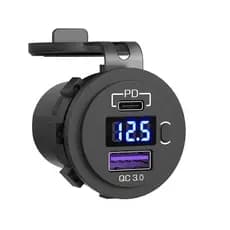 USB C tomada carregador de carro voltímetro LED e desligar, porta USB dupla, PD3.0, QC3.0, 12V, 24V
