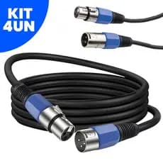 Kit 4 Cabos 10m Xlr Cannon Macho Femea Balanceado Compativel Microfone Instrumento Caixa Mesa de Som Audio Profissional