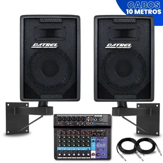 Kit 2 Caixas de Som 300W Datrel Ativa Passiva + Mesa 8 Canais Profissional Bluetooth USB + Cabos P10 XLR Line Midi Dj
