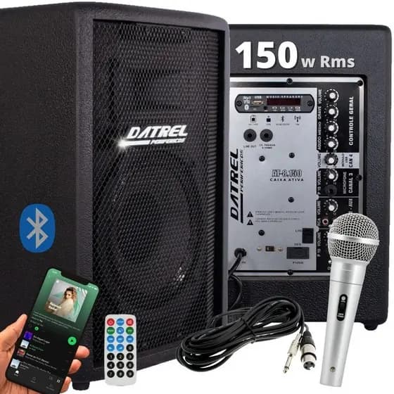 Caixa Som 150w Rms Ativa Datrel Amplificada Acustica Profissional Igreja Banda Karaoke  + Microfone