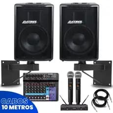 Kit 2 Caixas de Som 400W Ativa Passiva + Mesa 8 Canais Bluetooth + Microfone DW-602 MAX + 2 Suportes de Parede + Cabos