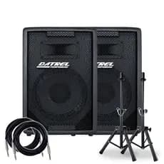 Kit 2 Caixas Som Datrel 300w Passiva Escrava Profissional Acustica Pa Palco + Suportes Pedestal Tripe + Cabos