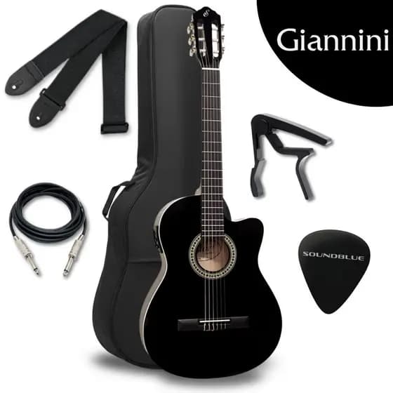 Kit Violao Giannini Eletrico Acustico Profissional Corda Nylon preto Brilhante Flat Eletroacustico Estudo Iniciante