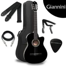 Kit Violao Giannini Eletrico Acustico Profissional Corda Nylon preto Brilhante Flat Eletroacustico Estudo Iniciante