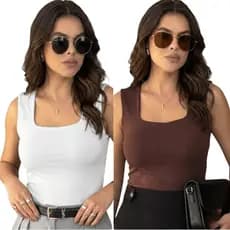 2 Regatas Femininas Decote Quadrado Blusa Suplex Alça Larga Forrada Tendência 2025 Moda Feminina Básica Kit Atacado Luxo