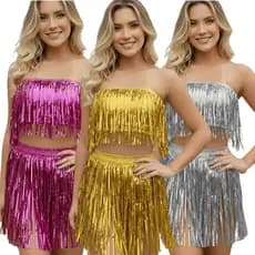 Saia Fitas Metalizadas 40cm Fitilho Carnaval Franja Brilhante Ajustável Velcro Tamanho Único Adulto Para Bloquinho