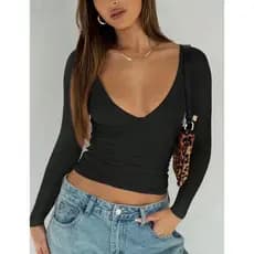 Blusa Feminina Manga Longa De Suplex Decote V Transparente  Para  Inverno