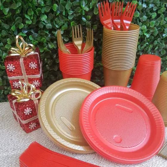 Kit Descartáveis Natal Para 100 Pessoas Garfos/Pratos/Copos 300 Peças