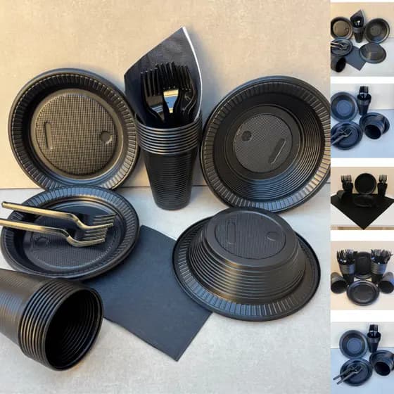 Kit Festa Descartável Preto Perolado - Copos, Pratos, Garfos, Guardanapos, Cumbuca e Toalhas