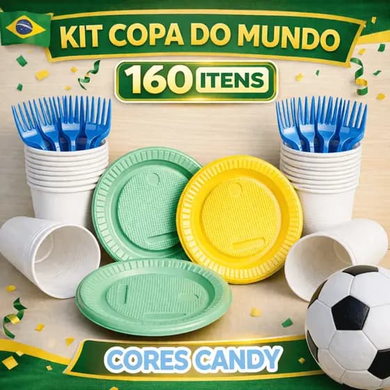 Kit Copo Prato e Garfo Descartável Copa do Mundo 150 Peças Festa