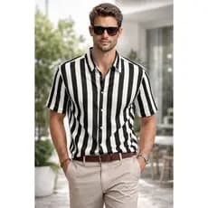 Camisa Slim Listrada Estampada Vertical Preta masculina curta Alta qualidade Unissex Viscolinho Atacado