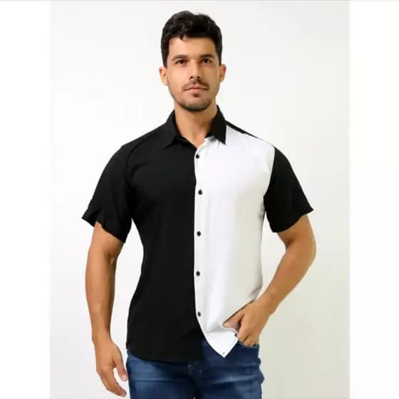 Camisa Social Masculina Manga Curta Lisa preta e branca