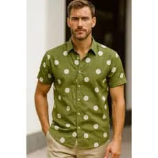 Camisa Masculina Slim Curta Social Estampada Bolinha