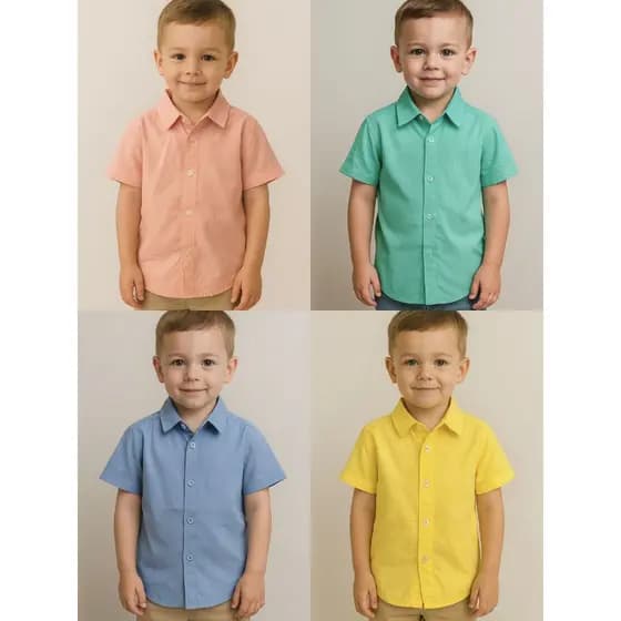 Camisa social menino infantil básica com botão manga curta viscolinho elegante verão casual