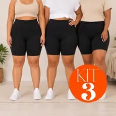Kit 3 Bermudas Legging Short Feminina Preta Poliéster Cós Alto Plus Size Academia P até G3