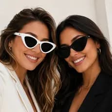 1 Óculos De Sol Cat Eye Feminino Preto Branco UV400 Case Paninho Oculos Gatinho