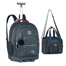 Kit Mochila Rodinha Denim Vintage Lancheira Térmica Coleção Rebecca Bonbon Grande Resistente
