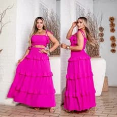 Conjunto Saia Longa e Cropped Plus Size e Slim Blogueira Passeio Viagem