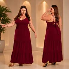 Vestido Feminino Longo Plus Size Amarração Nas Costas E Manga Fina