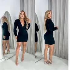 Vestido Feminino Curto Manga Longa Decote V Festa Balada