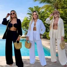 Conjunto Praia 2 Peças Camisa E Calca Pantalona Crepe Não Amassa