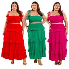 Conjunto Saia Plus Size Feminino Conjunto Saia Longa e Cropped Verão Passeio Viagem