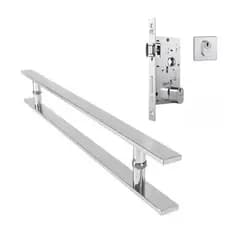 Kit Pivotante Puxador 60cm Barra Chata Brilhante Inox + Fechadura Rolete Stam