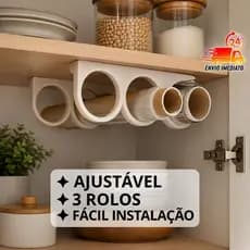 Suporte Organizador Ajustável para Papel Alumínio, Filme PVC e Papel Toalha Porta Rolos 3 em 1 para Armário de Cozinha