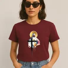 Camiseta Feminina Devocional Virgem Maria com Cruz Estampa Artística Moda Cristã Atual