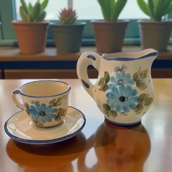 Kit Jarra Leiteira Bule Com Xícara e Pires - Decoração Cozinha - Mesa Posta - Café Chá