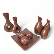Conjunto Centro Mesa Decorativo - Enfeite Sala Cerâmica 9 Pç -Decoração Sala Quarta Rack - Vaso Chanfrado Marrom