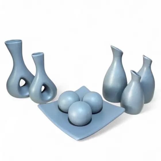 Conjunto Centro Mesa Decorativo - Enfeite Sala Cerâmica 9 Pç -Decoração Sala Quarta Rack - Vaso Chanfrado Cinza