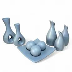 Conjunto Centro Mesa Decorativo - Enfeite Sala Cerâmica 9 Pç -Decoração Sala Quarta Rack - Vaso Chanfrado Cinza