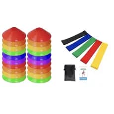 Kit Funcional 10 Cones Chapéu Chinês + 5 Mini Band Faixa Elástica Exercício Fitness